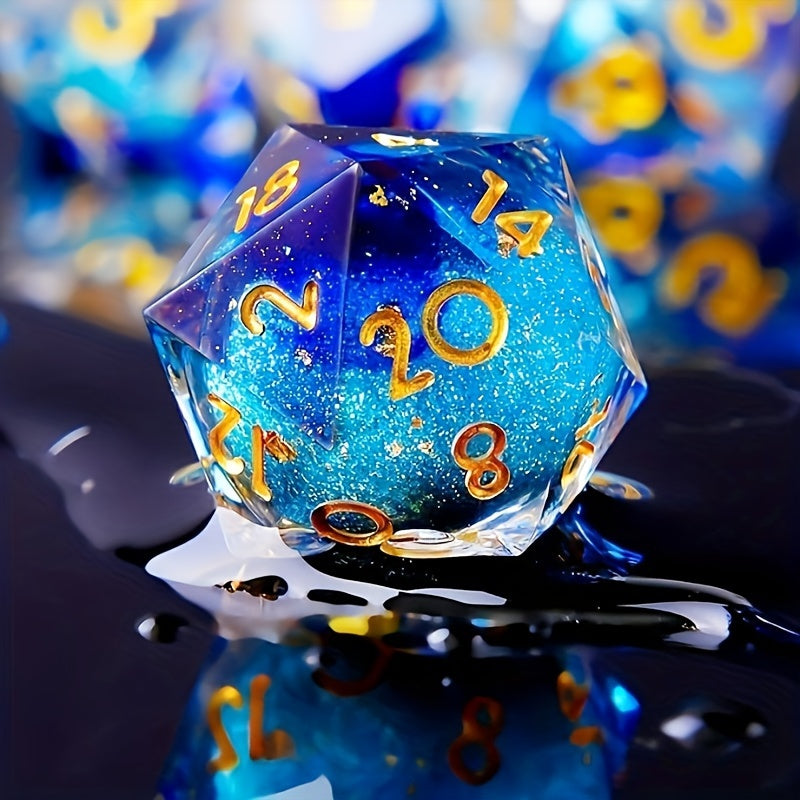 Sunken Treasure – Sea Blue Resin Dice Set with Gold Flecks (7-Piece Polyhedral)