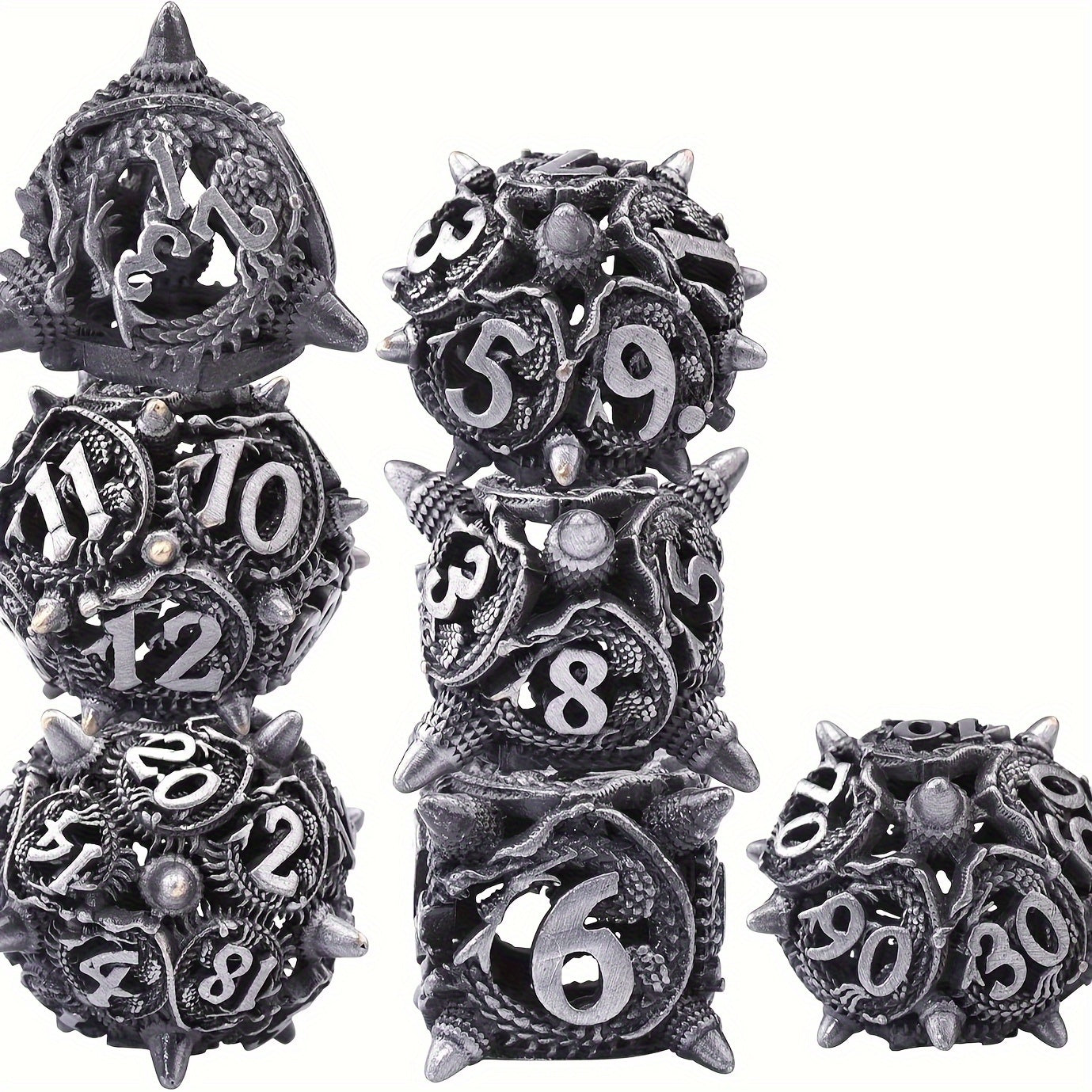 Draconic Skeleton Sharp Copper Metal Dice – 7-Piece Polyhedral Set in Wrought Iron, Wrath Iron, Ancient Bronze, Rose Gold, Sky Diamond, Barbed Amethyst & Gilded Jet