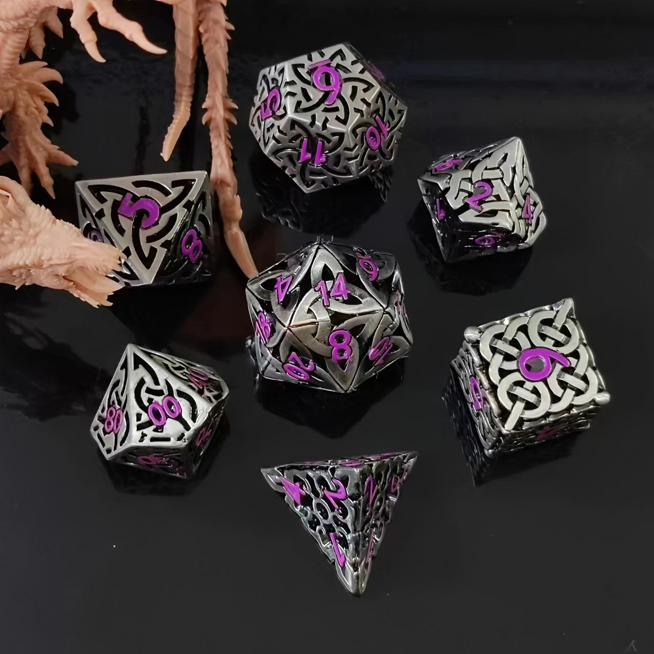 7pcs set of copper hollow metal maze dice for DND game, suitable for Dungeons and Dragons RPG MTG board game D&D Pathfinder and mathematics teaching. Hollow woven dice D20 D12 D10 D% D8 D6 D4