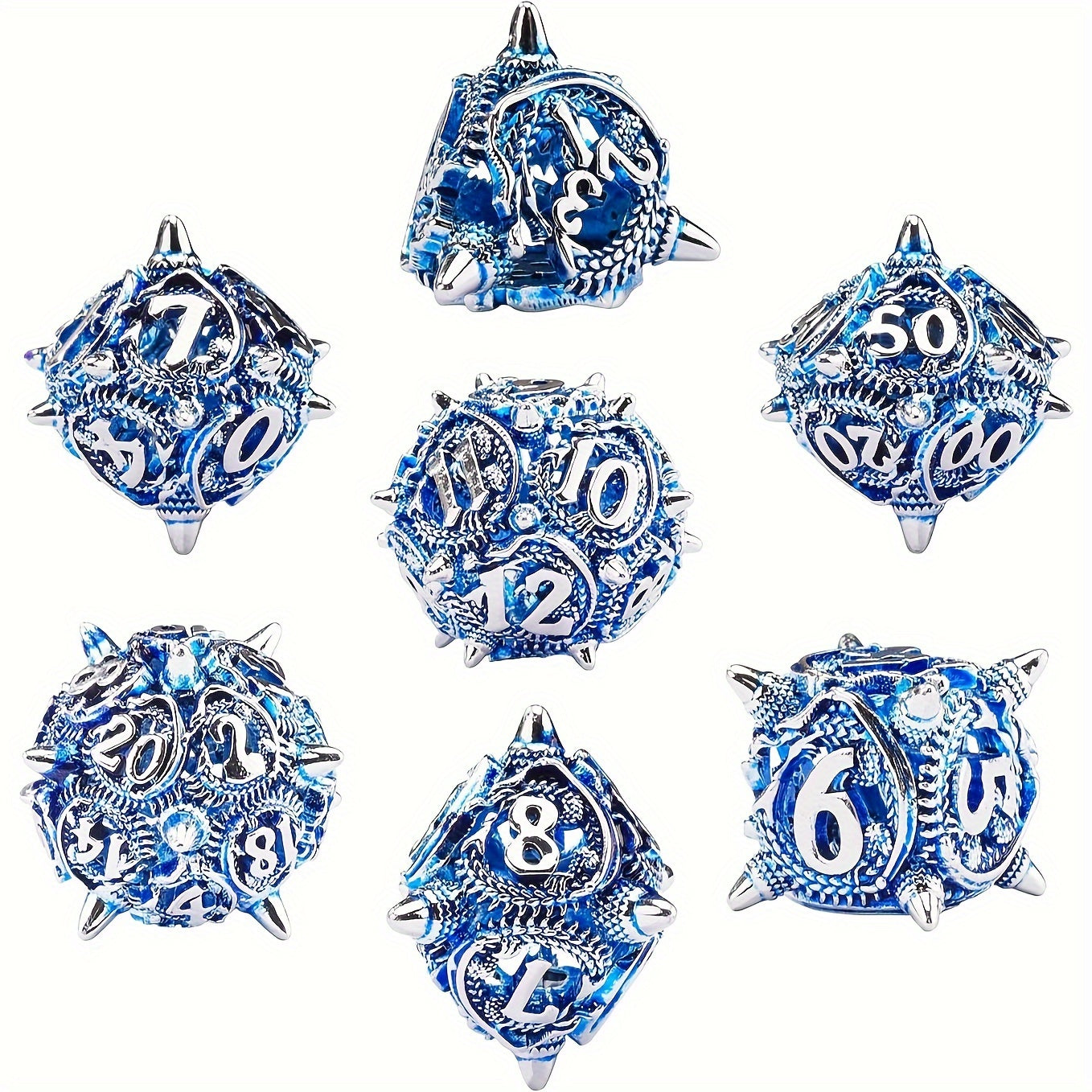 Draconic Skeleton Sharp Copper Metal Dice – 7-Piece Polyhedral Set in Wrought Iron, Wrath Iron, Ancient Bronze, Rose Gold, Sky Diamond, Barbed Amethyst & Gilded Jet