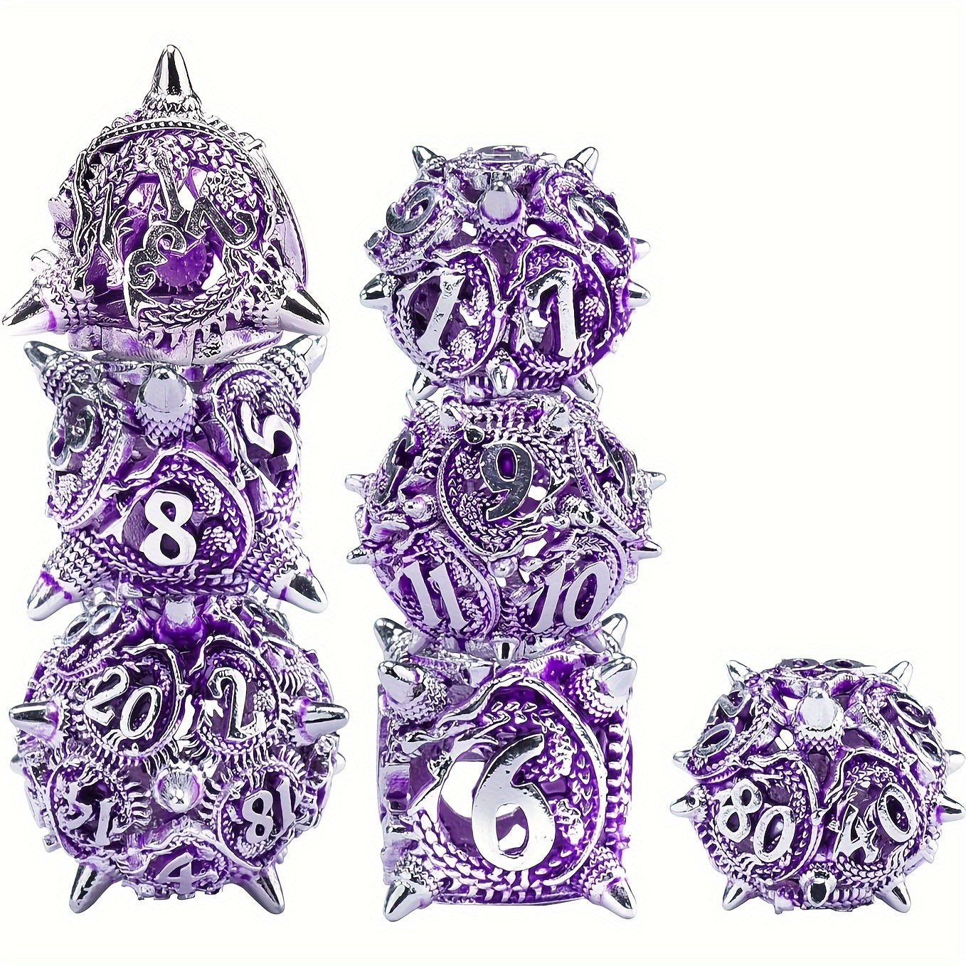 Draconic Skeleton Sharp Copper Metal Dice – 7-Piece Polyhedral Set in Wrought Iron, Wrath Iron, Ancient Bronze, Rose Gold, Sky Diamond, Barbed Amethyst & Gilded Jet