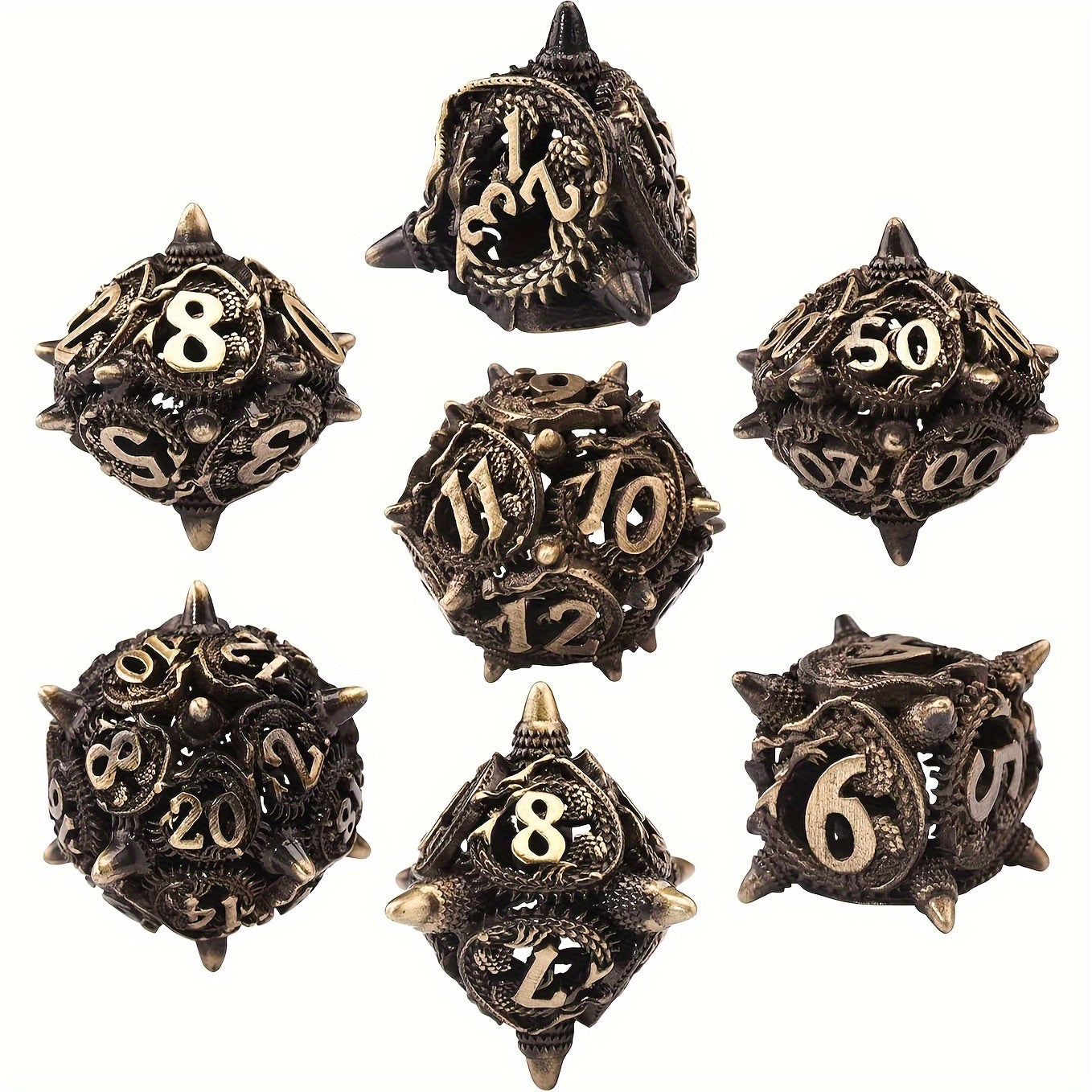 Draconic Skeleton Sharp Copper Metal Dice – 7-Piece Polyhedral Set in Wrought Iron, Wrath Iron, Ancient Bronze, Rose Gold, Sky Diamond, Barbed Amethyst & Gilded Jet