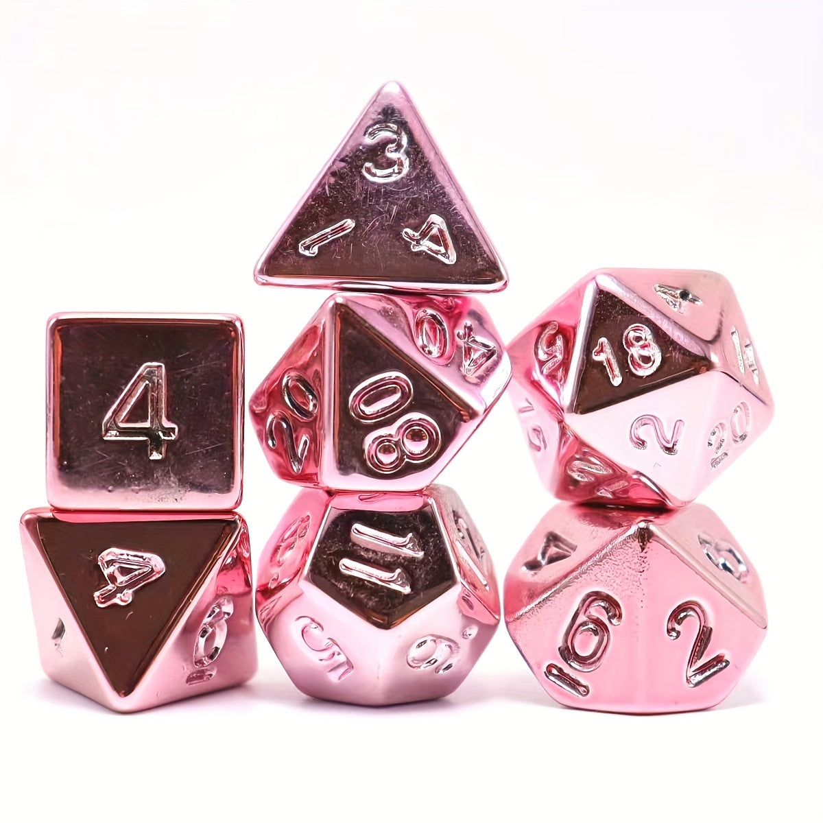 7-Piece Polyhedral Hot Pink Metal DND Dice Set