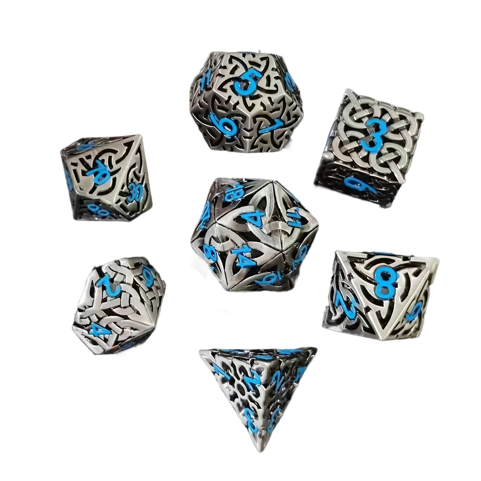 7pcs set of copper hollow metal maze dice for DND game, suitable for Dungeons and Dragons RPG MTG board game D&D Pathfinder and mathematics teaching. Hollow woven dice D20 D12 D10 D% D8 D6 D4