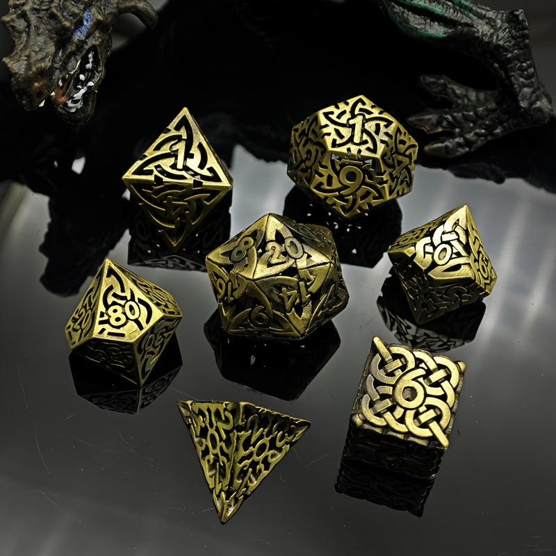 7pcs set of copper hollow metal maze dice for DND game, suitable for Dungeons and Dragons RPG MTG board game D&D Pathfinder and mathematics teaching. Hollow woven dice D20 D12 D10 D% D8 D6 D4