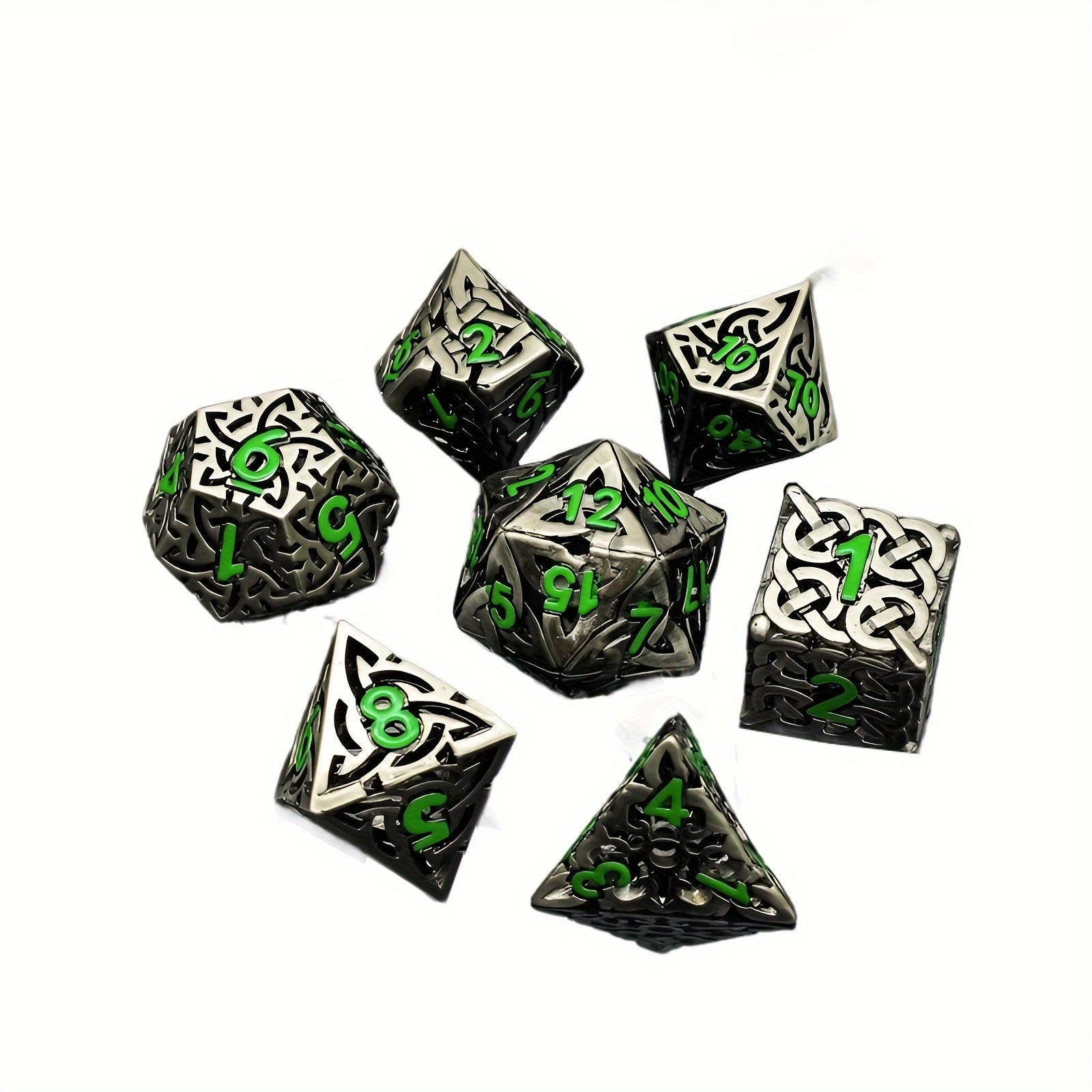7pcs set of copper hollow metal maze dice for DND game, suitable for Dungeons and Dragons RPG MTG board game D&D Pathfinder and mathematics teaching. Hollow woven dice D20 D12 D10 D% D8 D6 D4
