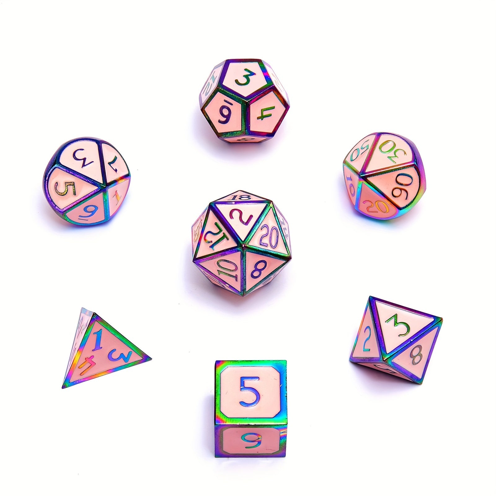 Pink 7 Piece Solid Brass Polyhedral D&D Dice Set