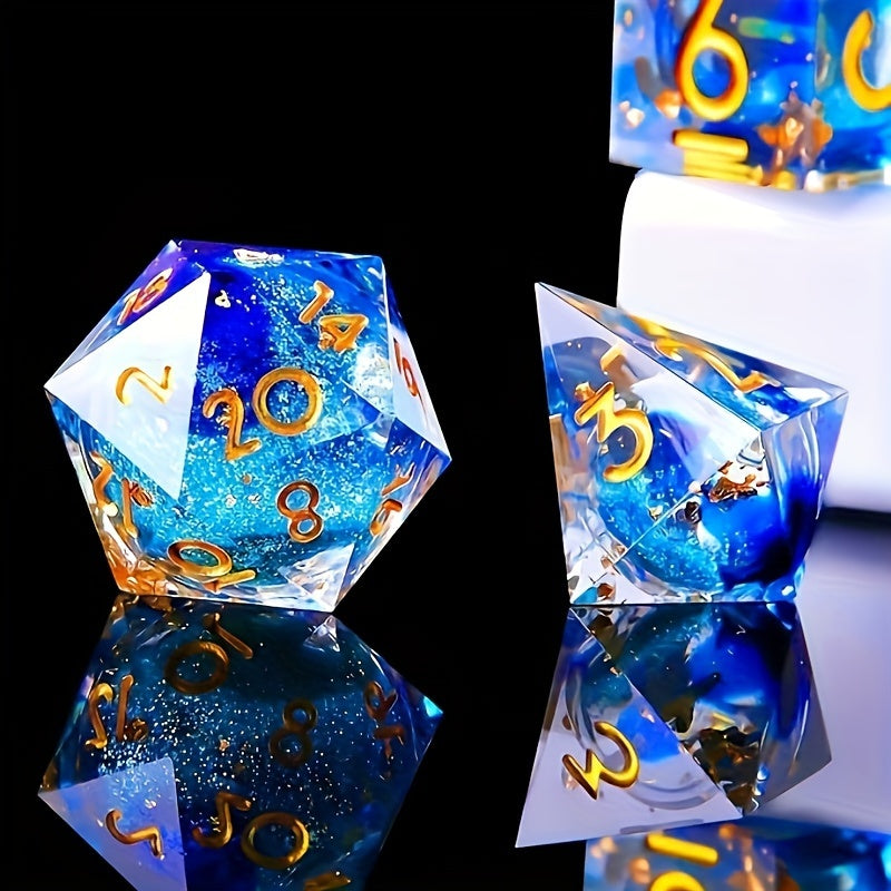 Sunken Treasure – Sea Blue Resin Dice Set with Gold Flecks (7-Piece Polyhedral)