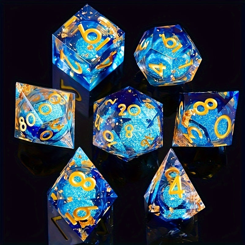Sunken Treasure – Sea Blue Resin Dice Set with Gold Flecks (7-Piece Polyhedral)