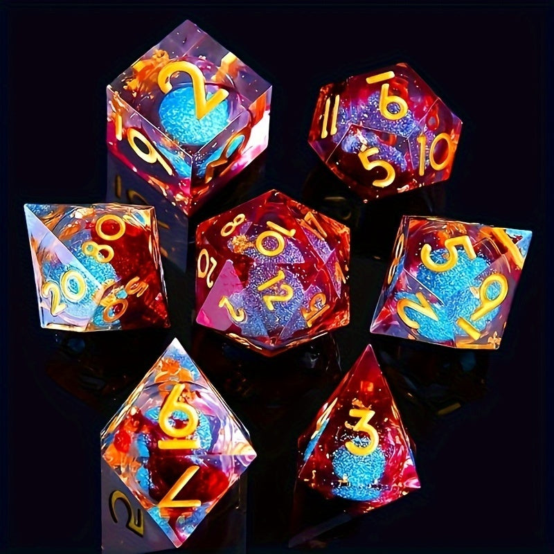 Alchemist’s Potion – Liquid Core Resin Dice Set with Iridescent Teal, Red & Gold Sparkles (7-Piece)