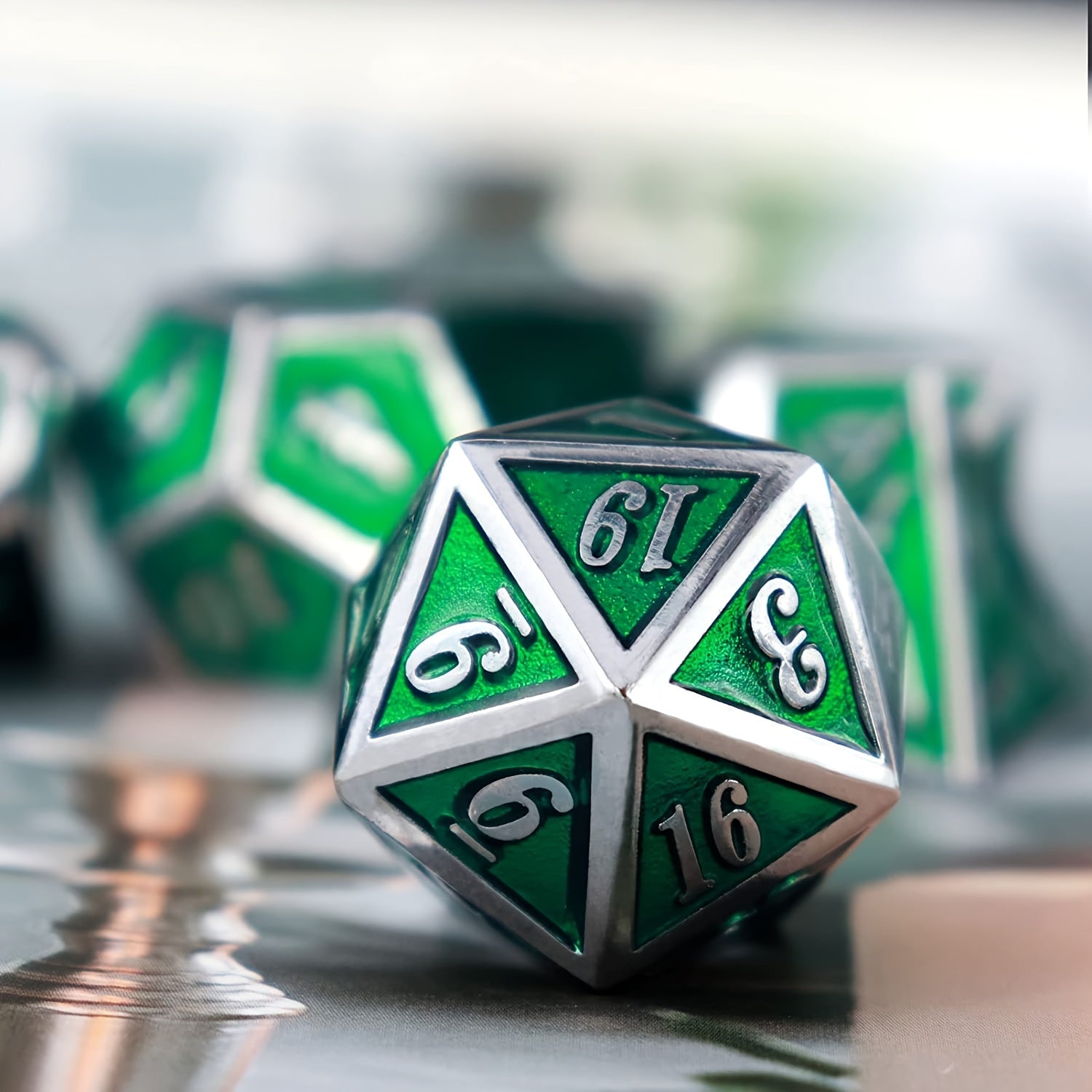 Silver Emerald Green Metal 7pc Dice Set in Silver Emerald Green