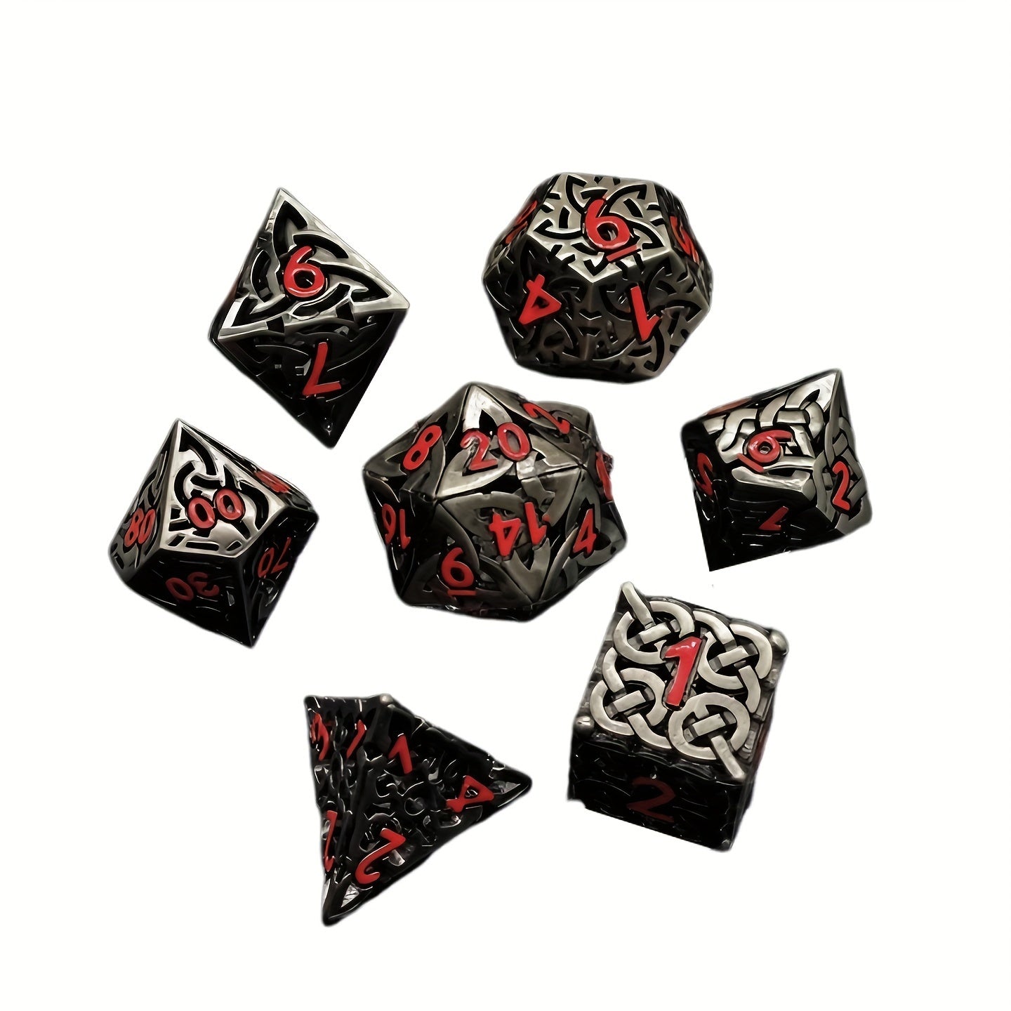7pcs set of copper hollow metal maze dice for DND game, suitable for Dungeons and Dragons RPG MTG board game D&D Pathfinder and mathematics teaching. Hollow woven dice D20 D12 D10 D% D8 D6 D4