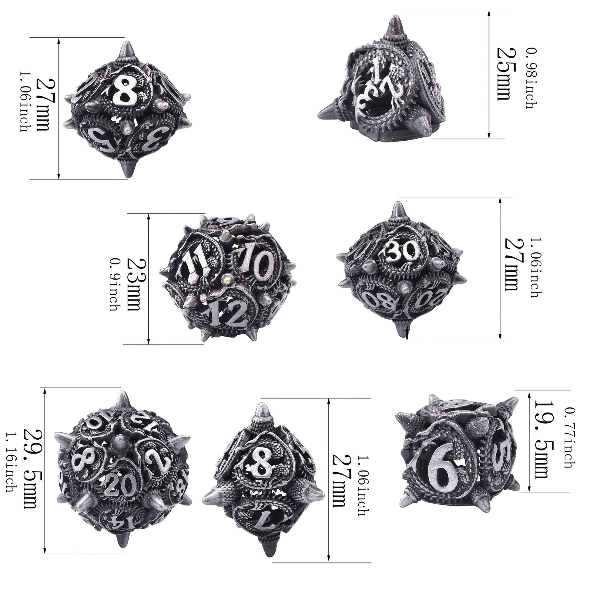 Draconic Skeleton Sharp Copper Metal Dice – 7-Piece Polyhedral Set in Wrought Iron, Wrath Iron, Ancient Bronze, Rose Gold, Sky Diamond, Barbed Amethyst & Gilded Jet