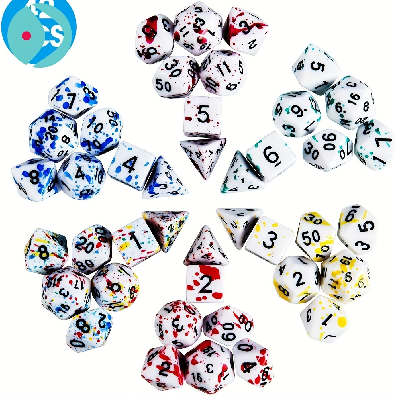 Multicolor Dice Set 6 sets of 7 (42 Pcs) Polyhedral Speckled Dice