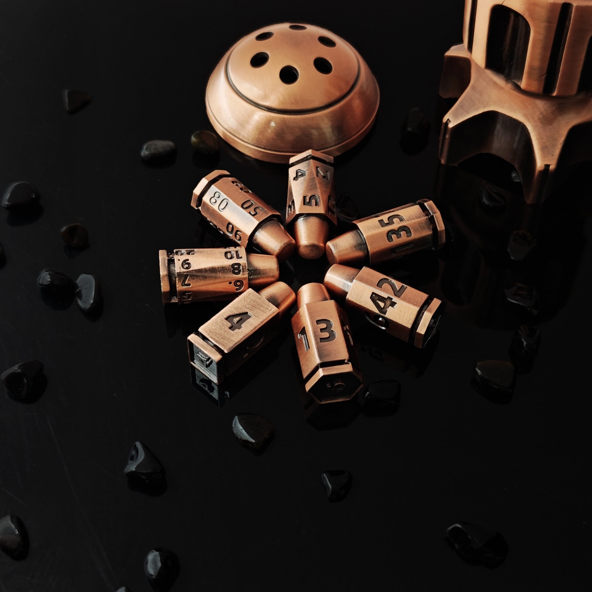 Rotating Revolver Barrels Metal Bullet 7pc Dice Set