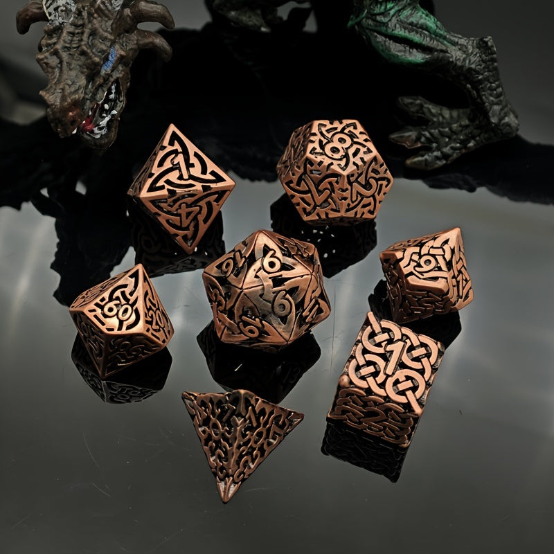 7pcs set of copper hollow metal maze dice for DND game, suitable for Dungeons and Dragons RPG MTG board game D&D Pathfinder and mathematics teaching. Hollow woven dice D20 D12 D10 D% D8 D6 D4