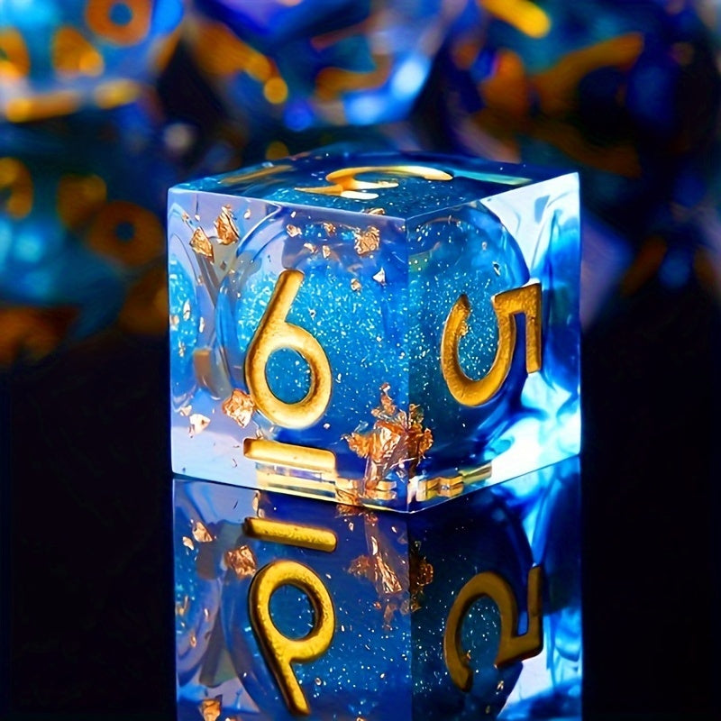 Sunken Treasure – Sea Blue Resin Dice Set with Gold Flecks (7-Piece Polyhedral)