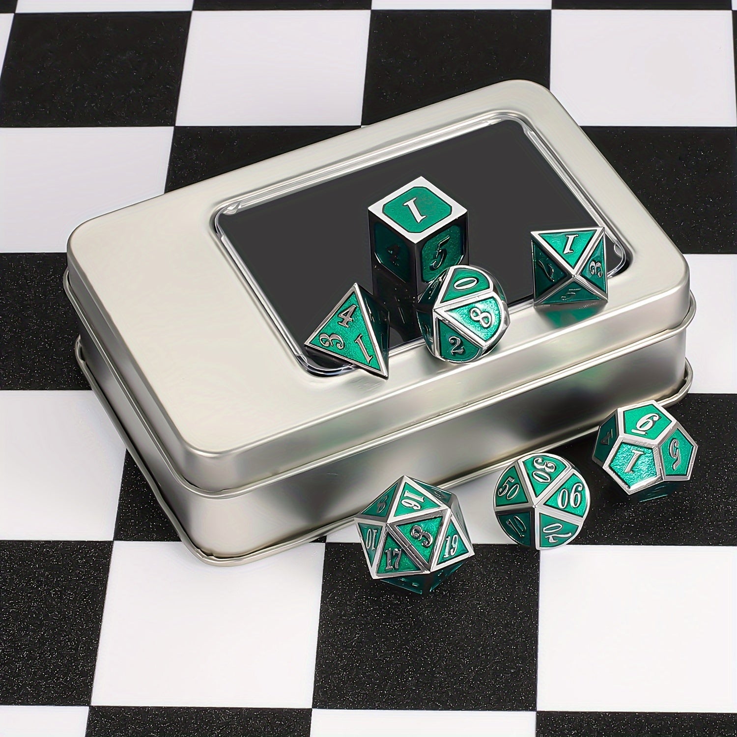 Silver Emerald Green Metal 7pc Dice Set in Silver Emerald Green