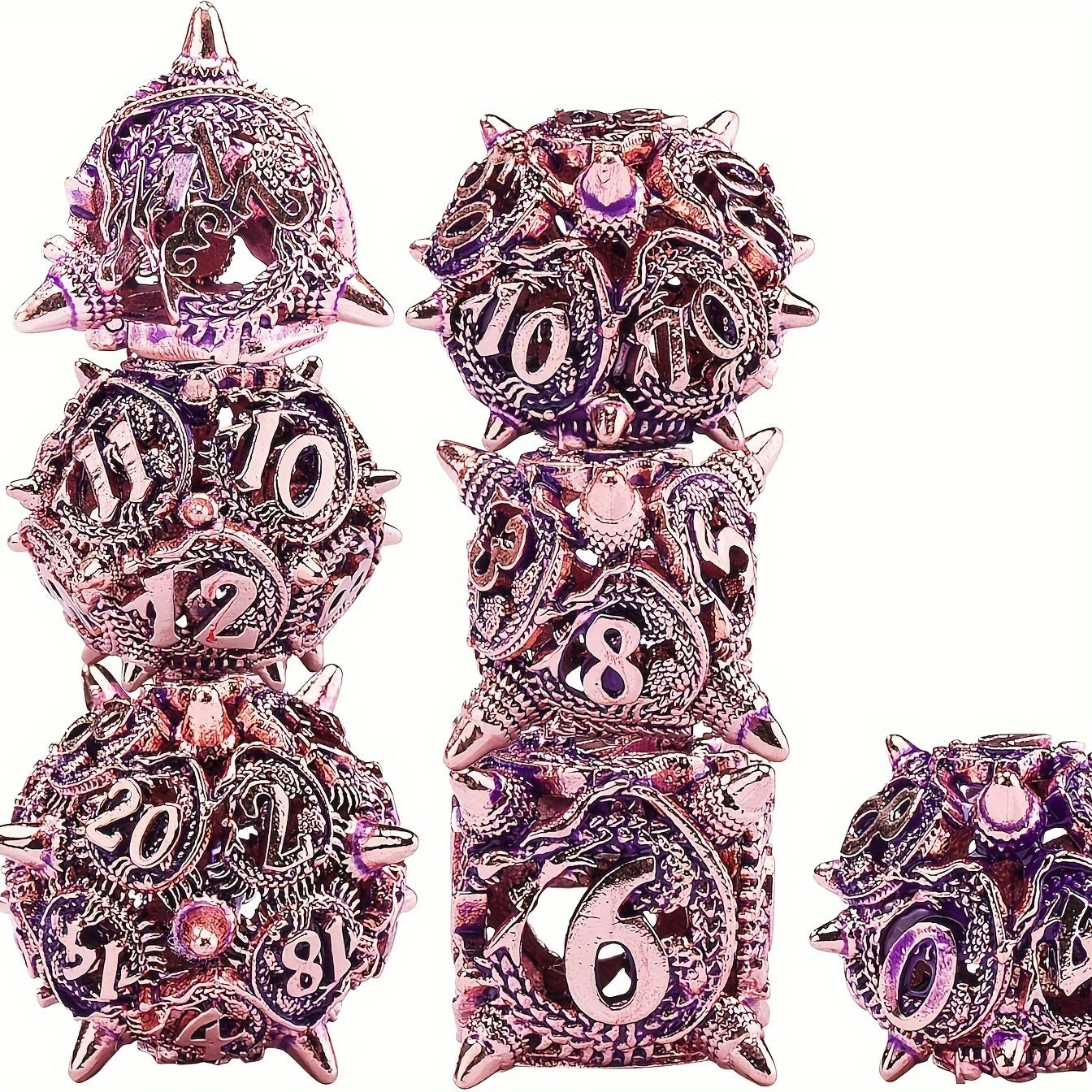 Draconic Skeleton Sharp Copper Metal Dice – 7-Piece Polyhedral Set in Wrought Iron, Wrath Iron, Ancient Bronze, Rose Gold, Sky Diamond, Barbed Amethyst & Gilded Jet