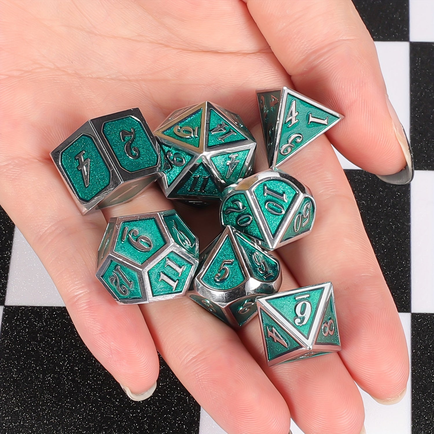 Silver Emerald Green Metal 7pc Dice Set in Silver Emerald Green
