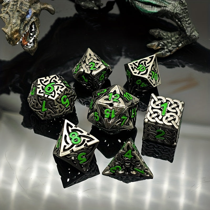 7pcs set of copper hollow metal maze dice for DND game, suitable for Dungeons and Dragons RPG MTG board game D&D Pathfinder and mathematics teaching. Hollow woven dice D20 D12 D10 D% D8 D6 D4