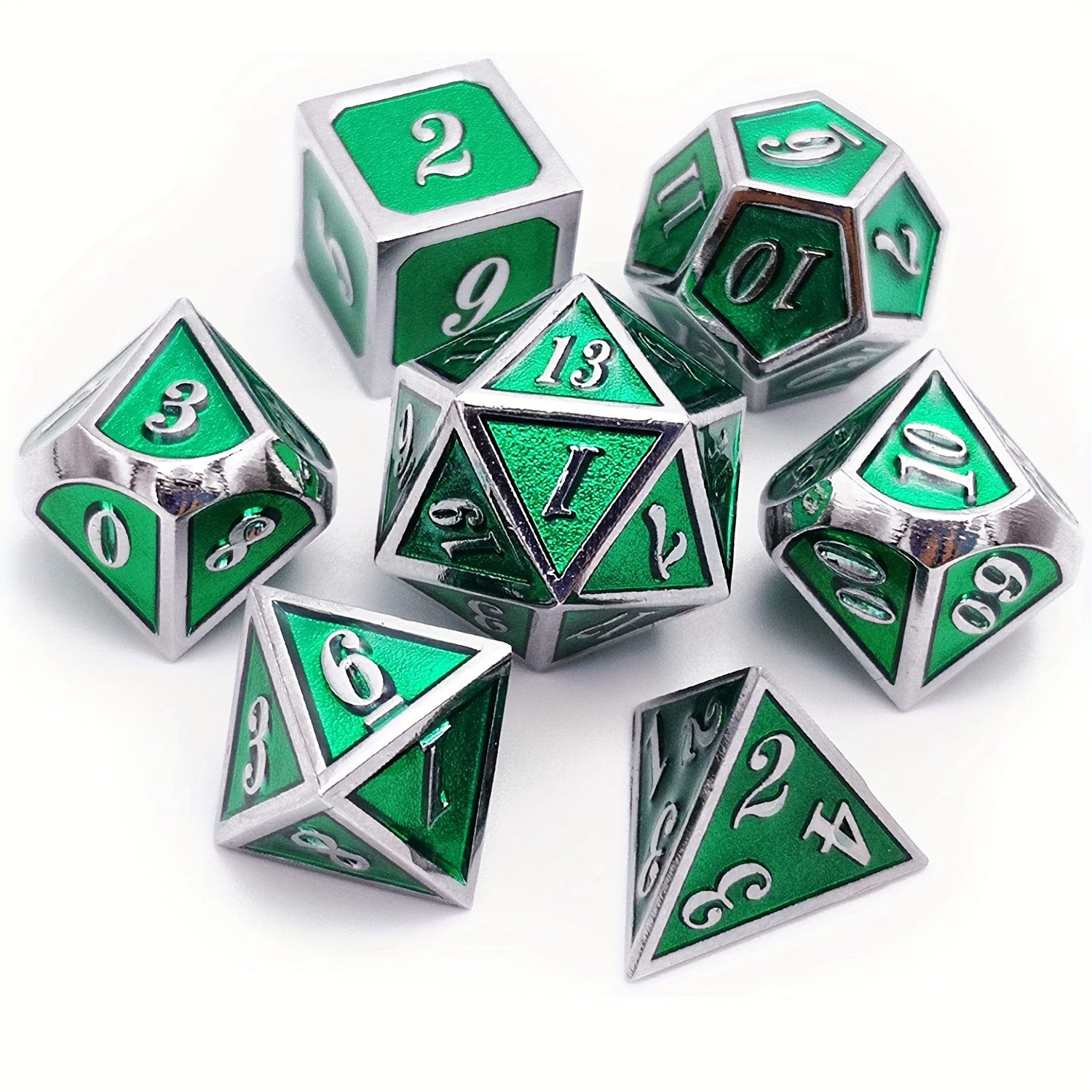 Silver Emerald Green Metal 7pc Dice Set in Silver Emerald Green