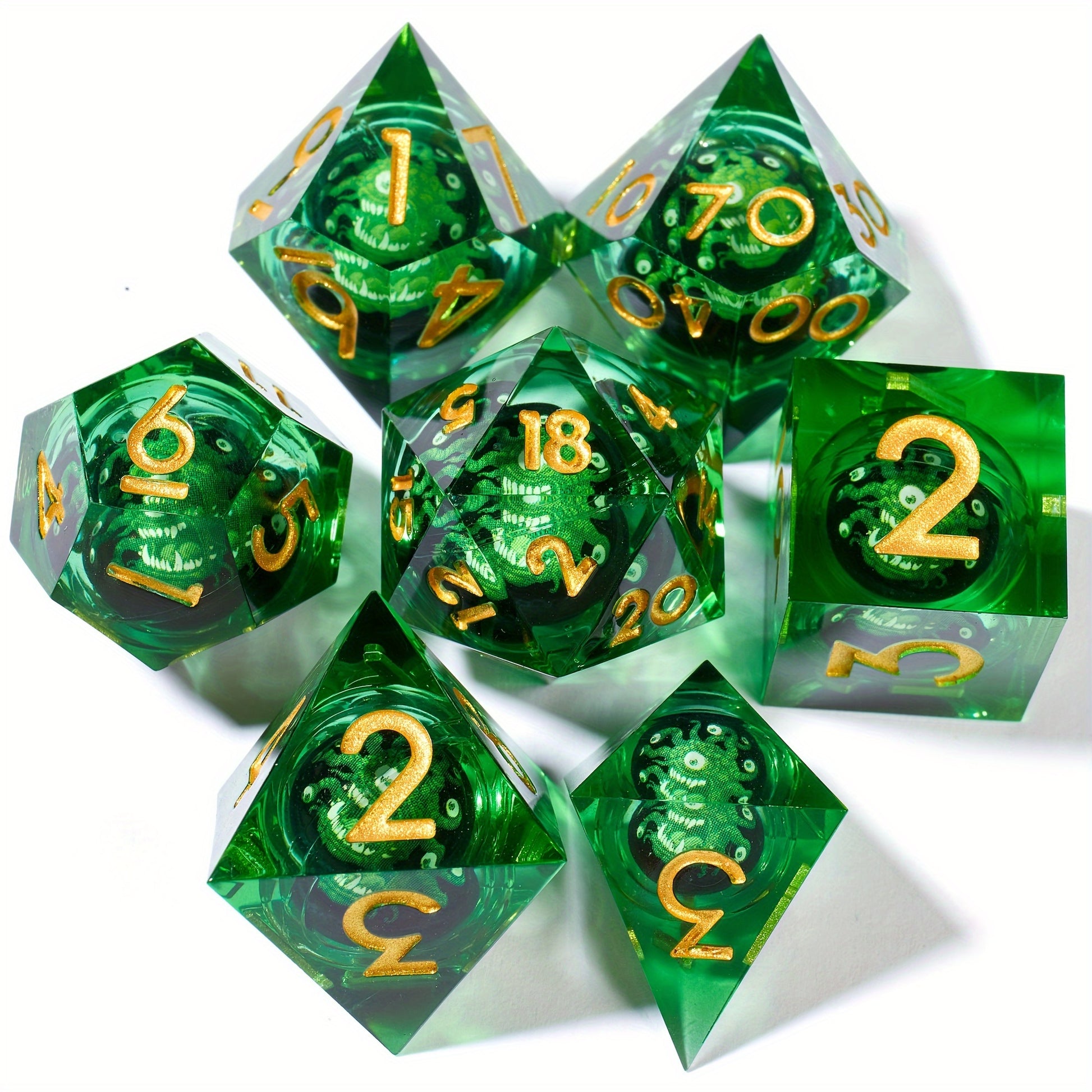 Trapped Beholder Liquid Core 7pc Dice Set – Five Gemstone Variants