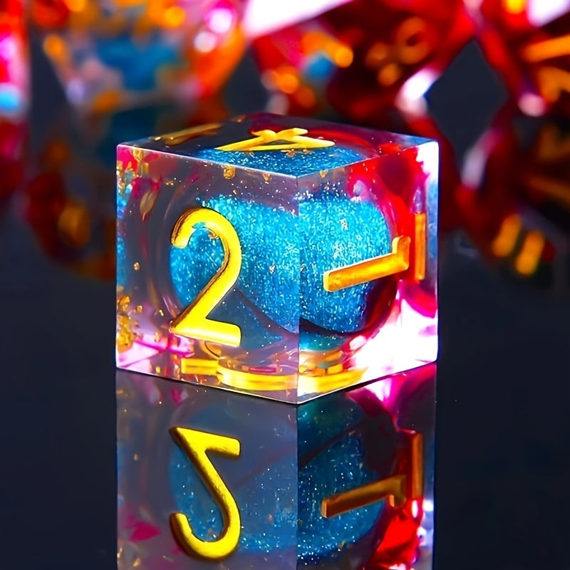 Alchemist’s Potion – Liquid Core Resin Dice Set with Iridescent Teal, Red & Gold Sparkles (7-Piece)