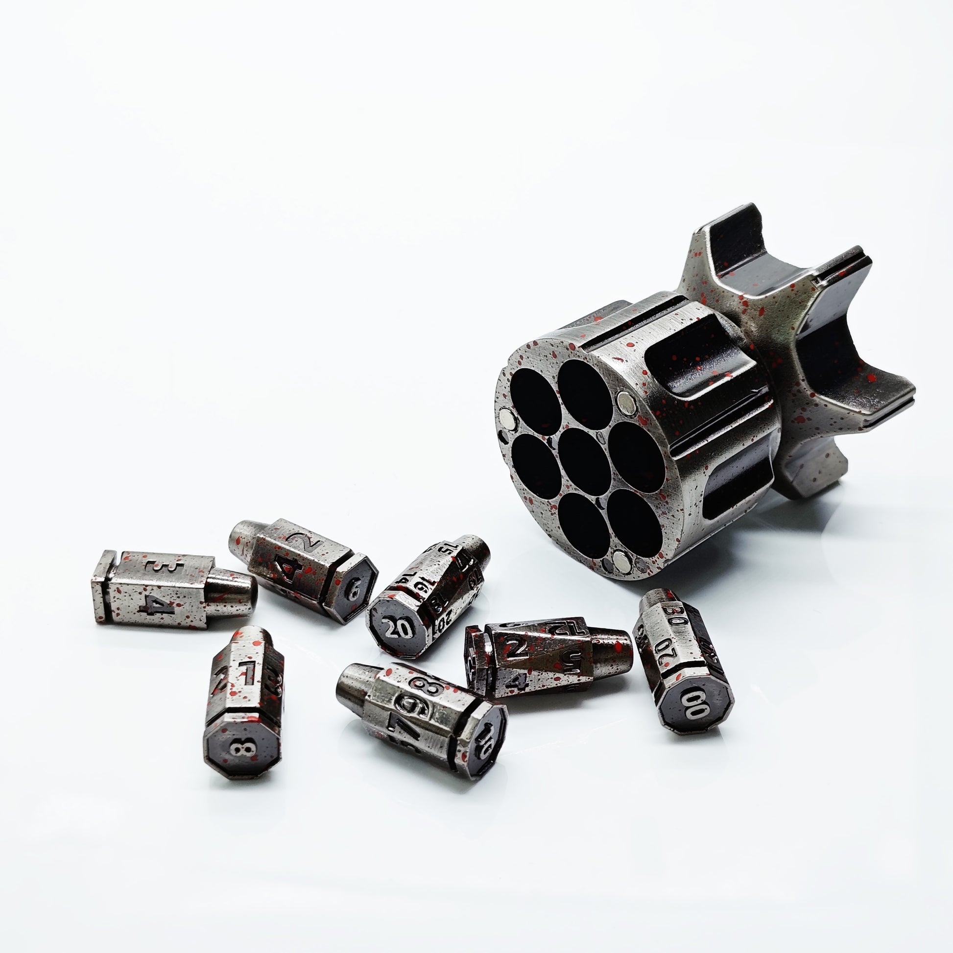Rotating Revolver Barrels Metal Bullet 7pc Dice Set