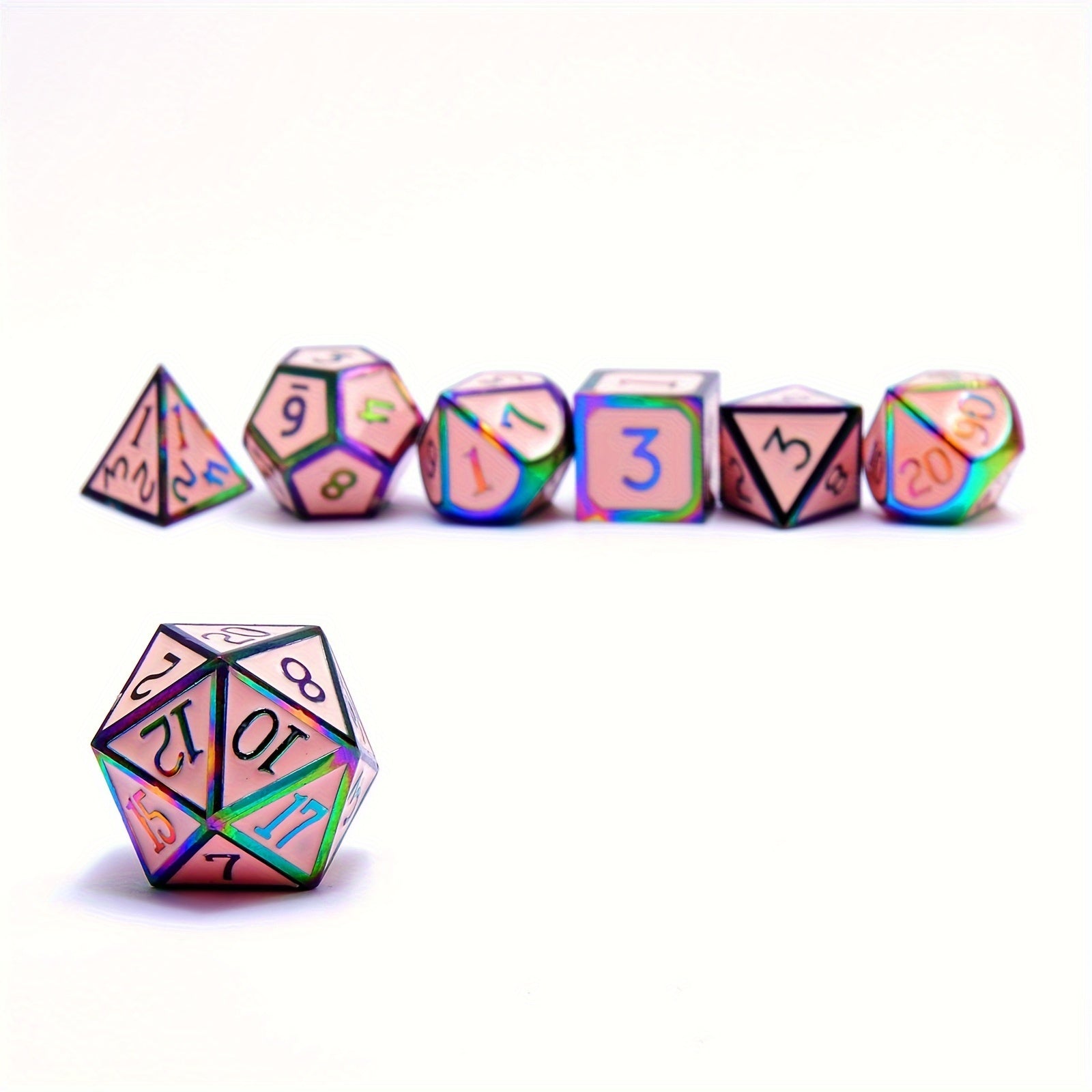 Pink 7 Piece Solid Brass Polyhedral D&D Dice Set