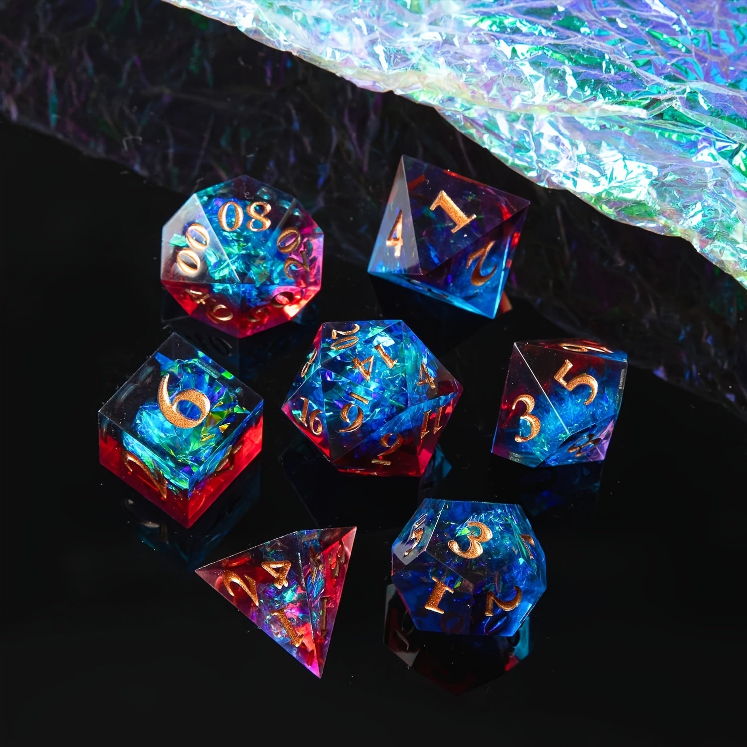 Two-Tone Polyhedral Dice Collection – 7-Piece Sets in Blaze Fury, Frostbite Azure, Nebula Orchid & Glacial Drift