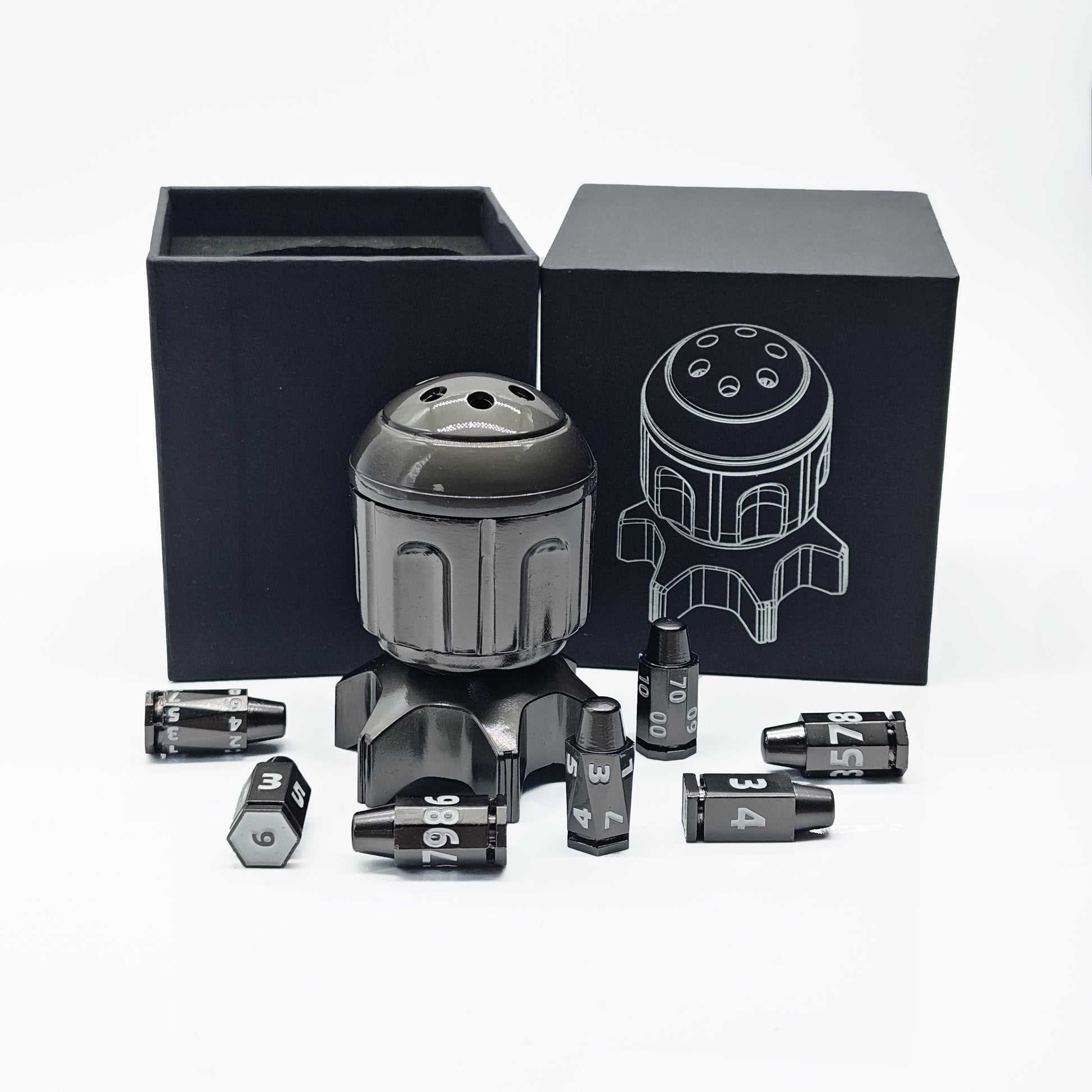 Rotating Revolver Barrels Metal Bullet 7pc Dice Set