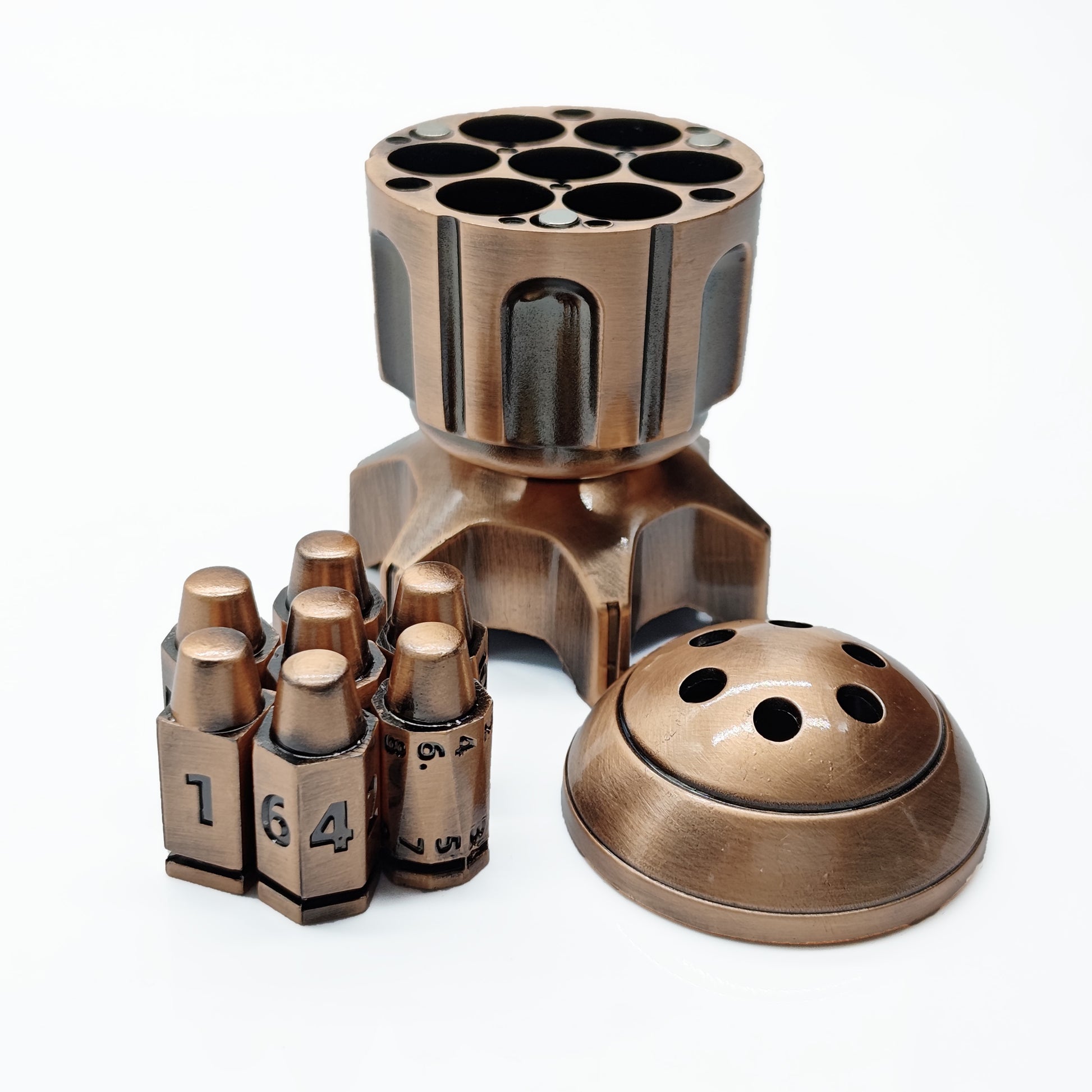 Rotating Revolver Barrels Metal Bullet 7pc Dice Set