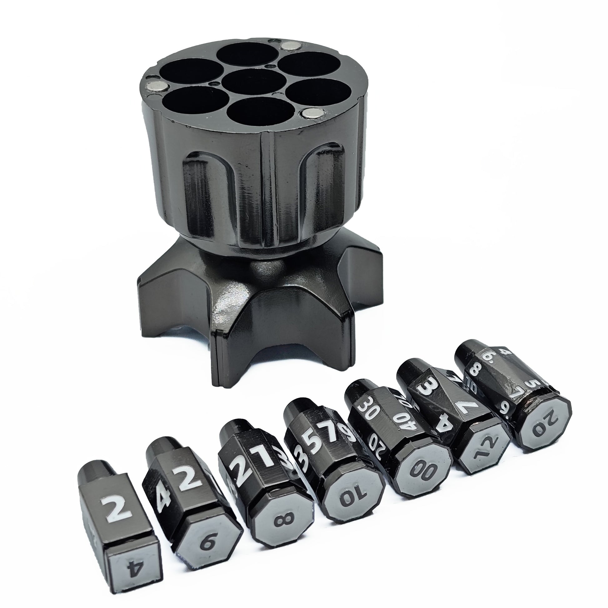 Rotating Revolver Barrels Metal Bullet 7pc Dice Set